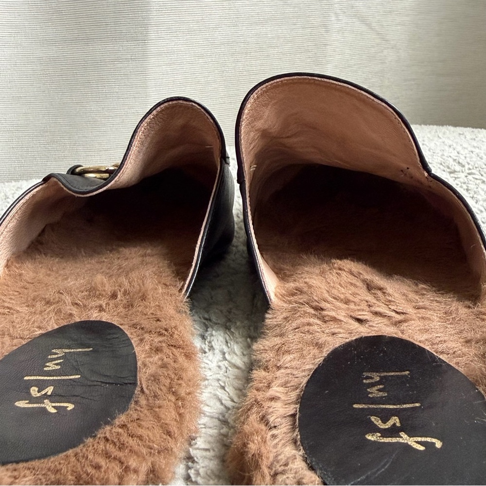 Black Fur-Lined Leather Mule Loafers with Gold Horsebit, Made in Spain, Size 8 - Picture 4 of 9